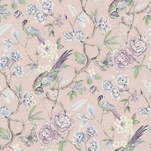 NuWallpaper Waverly Aviary Garden Pink Peel and Stick Wallpaper