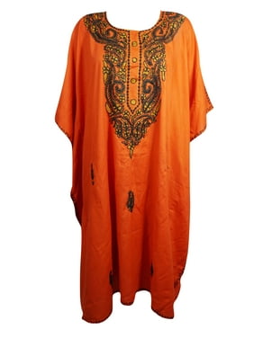 Mogul Women Caftan Dress, Loose Beach dress, Orange Floral Black Embroidered Dresses, Cruise Caftan, Cotton Kaftan 3XL