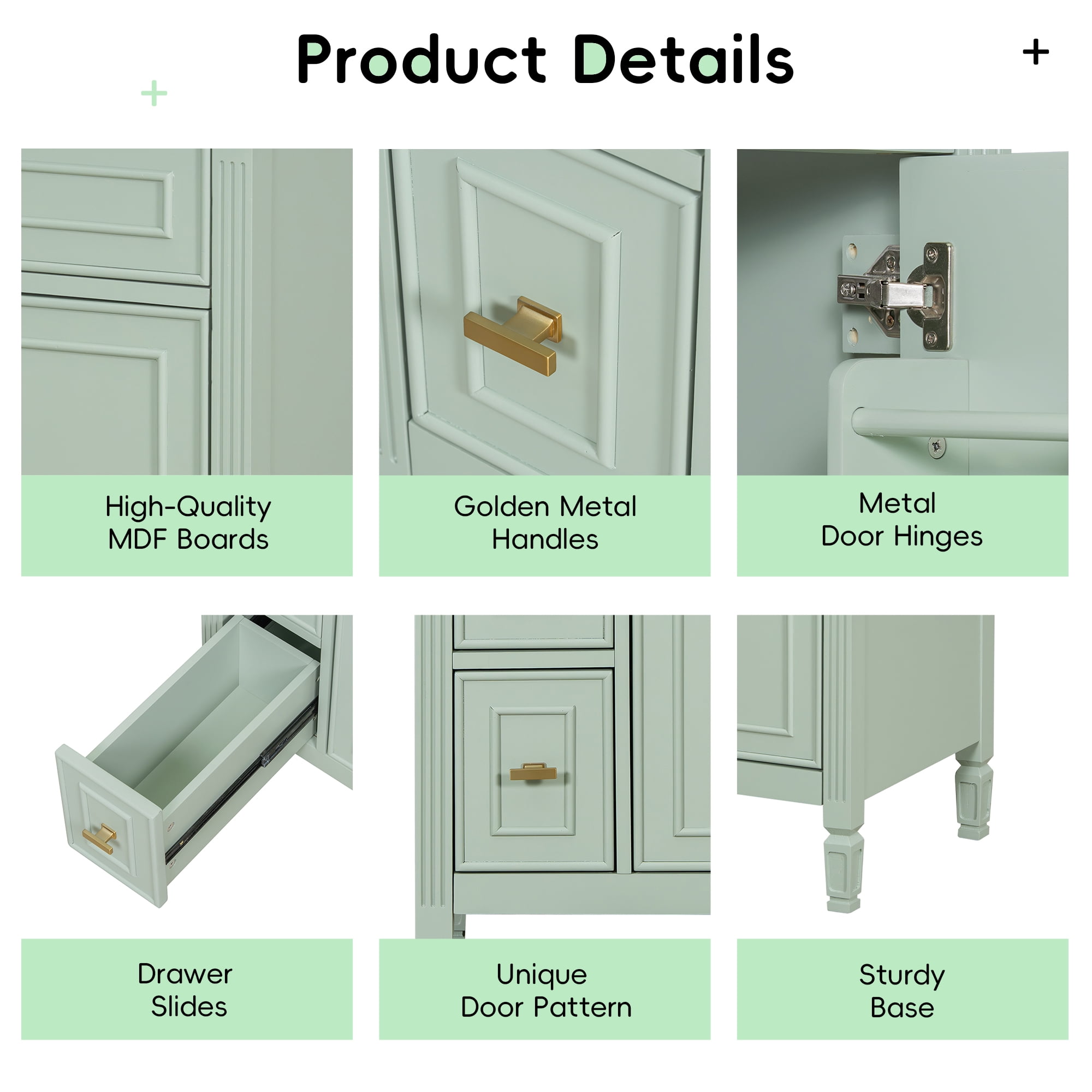 Euroco 24-Inch Bathroom Vanity with Sink, Solid Wood and MDF Cabinet with One Flip Drawer, Two Standard Drawers, and Adjustable Shelf, Freestanding Green Vanity for Bathroom Storage