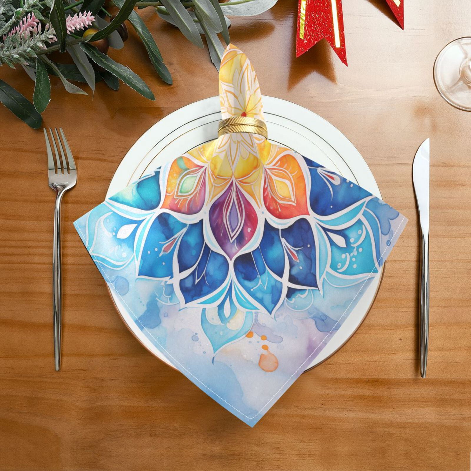 JSTEL Watercolor Mandala Tie Dye Cloth Napkins Set of 6, 20x20 Inch Washable and Reusable Napkin for Decoupage Dinner Party Everyday Use