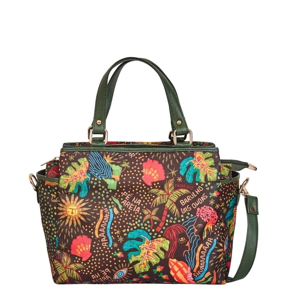 Sishka Women’s Hand Crafted Printed Nylon & Leather Multi-Compartment Satchel – Elegant Bag with Top Handle & Shoulder Strap