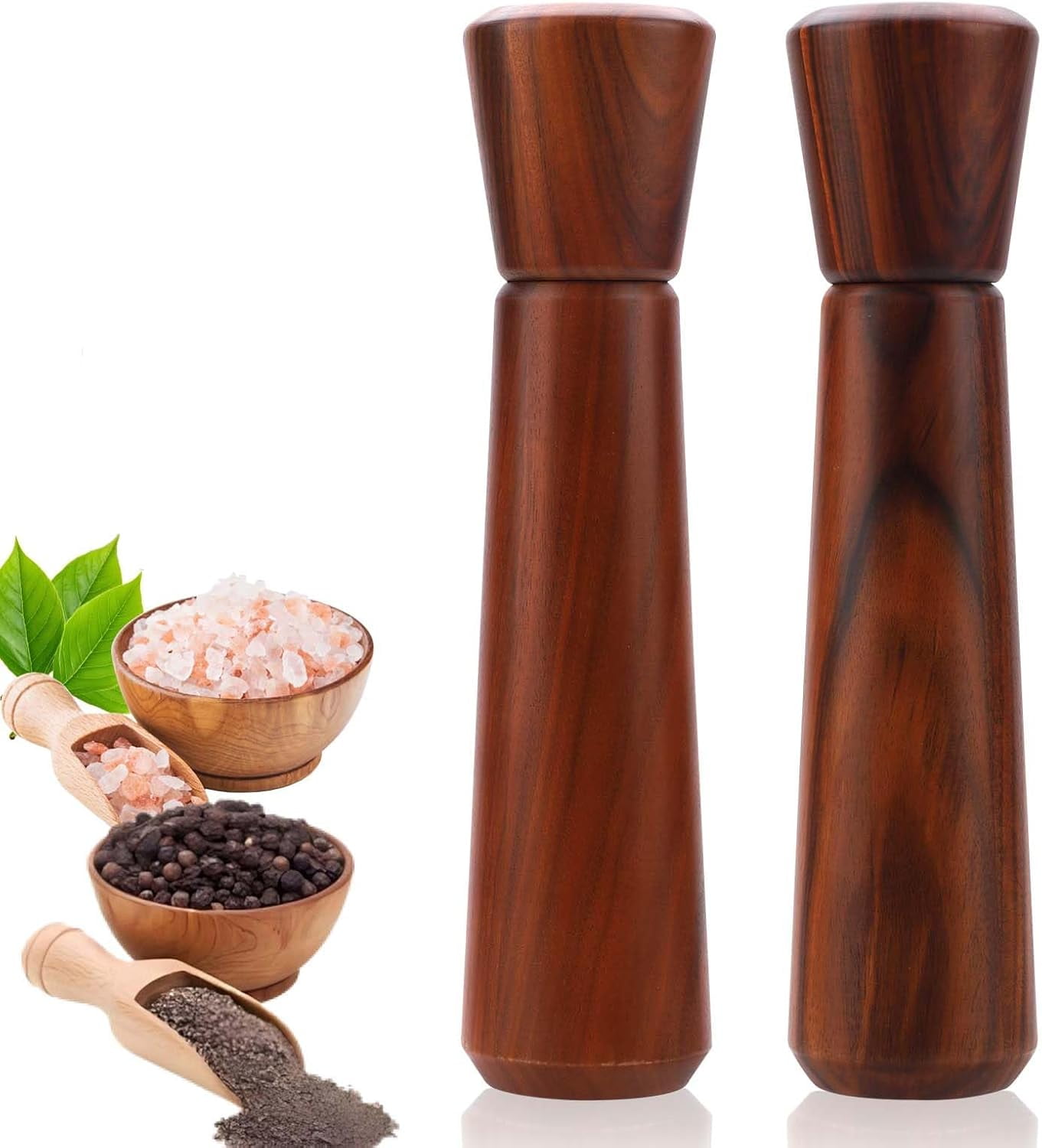ABCISI Wooden Pepper Grinder,10In Wood Pepper Mill, Refillable Salt Grinder, Pepper Grinder Manual with Adjustable Ceramic Rotor, Easy Refill, Salt and Pepper Shakers with Coarseness Control 1-Pack