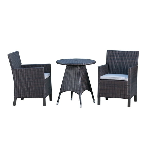 GDF Studio Healy Outdoor Wicker 3 Piece Round Bistro Set with Cushion, Multibrown and Light Brown