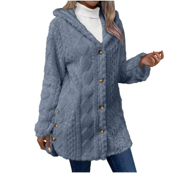Womens Fleece Jackets Cozy Cable-Knit Button-Up Cardigan Warm Winter Hooded Top Coat Navy L