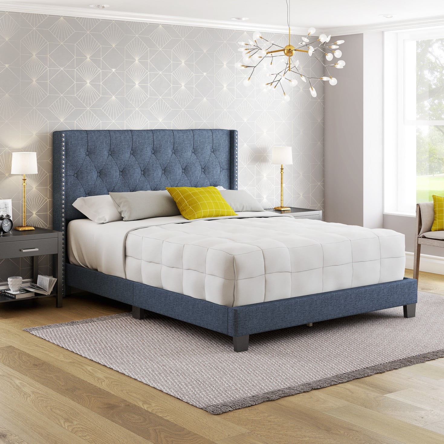 Boyd Sleep Mia Blue Linen King Size Fully Upholstered Platform Bed Frame with Tufted Headboard