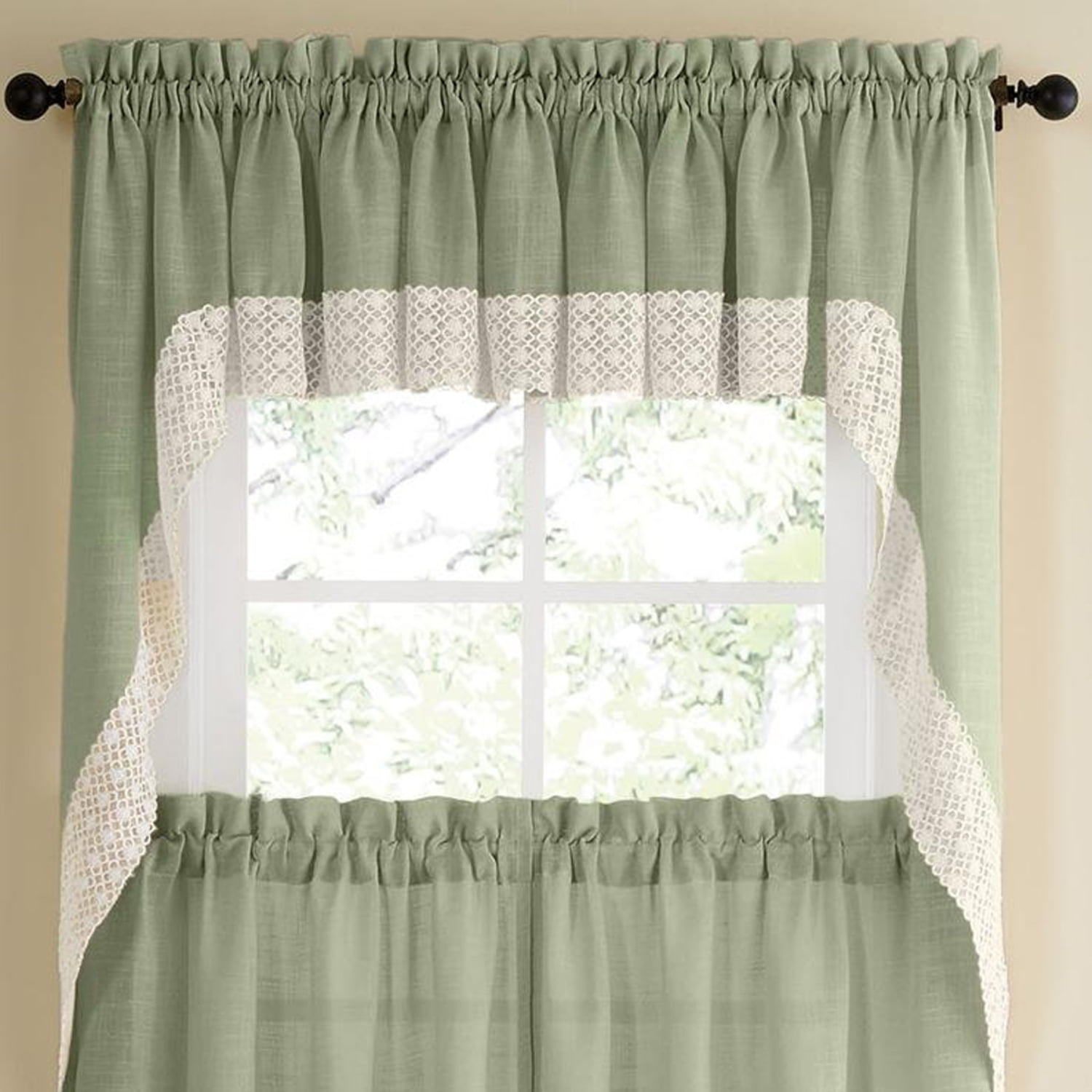 Salem Kitchen Window Curtain w/ Lace Trim 38" Swag Pair Sage