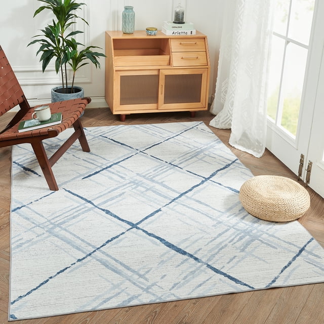 Rugking Living Room Rug 4X6 Moroccan Rug Thin Blue Rug Modern Geometric Accent Rug Contemporary Soft Mat Indoor Sketch Rug Doormat Non Slip Carpet Kitchen