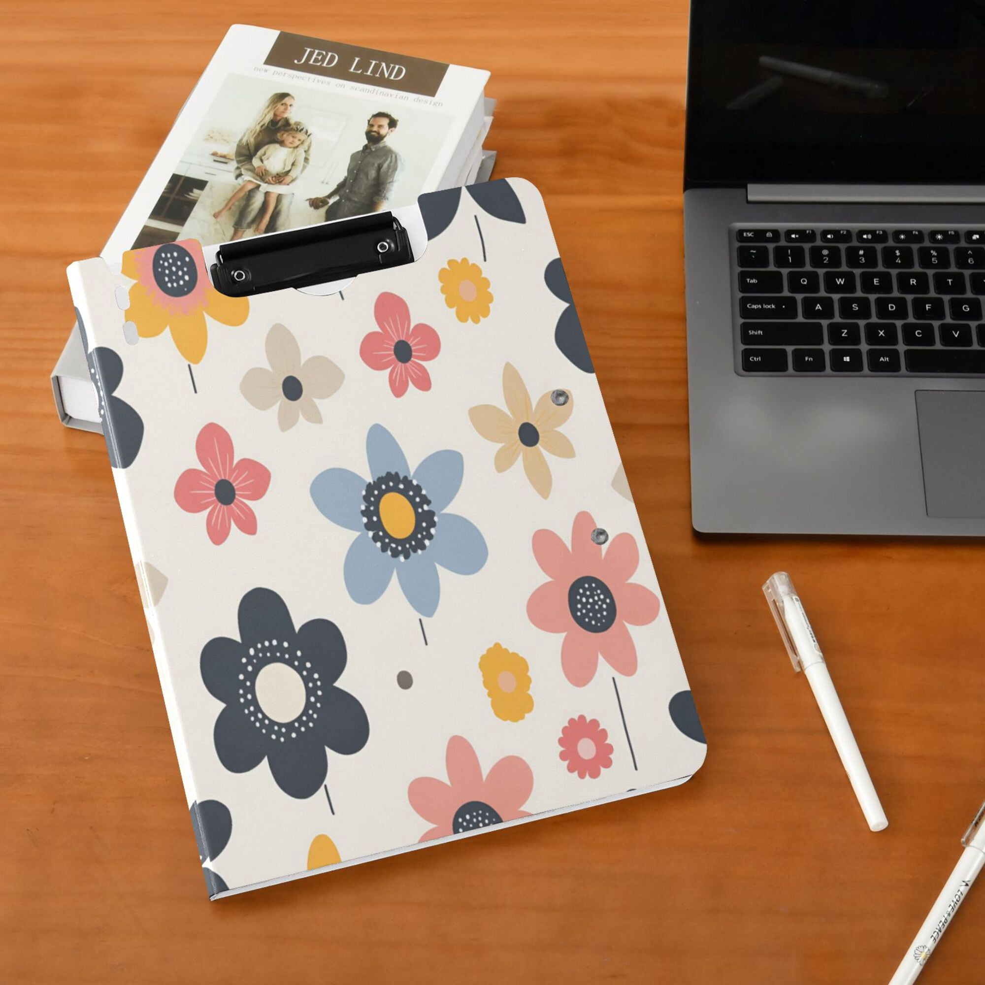 FORMRS A4 Clipboard Folder with Pen Holder Horizontal Foldable School Office Binder, Beige Retro Flower
