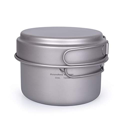 usharedo Titanium Pot Pan Set with Folding Handle Outdoor Camping Soup Pot Bowl Frying Pan Mess Kit Picnic Cookware Ti1585B