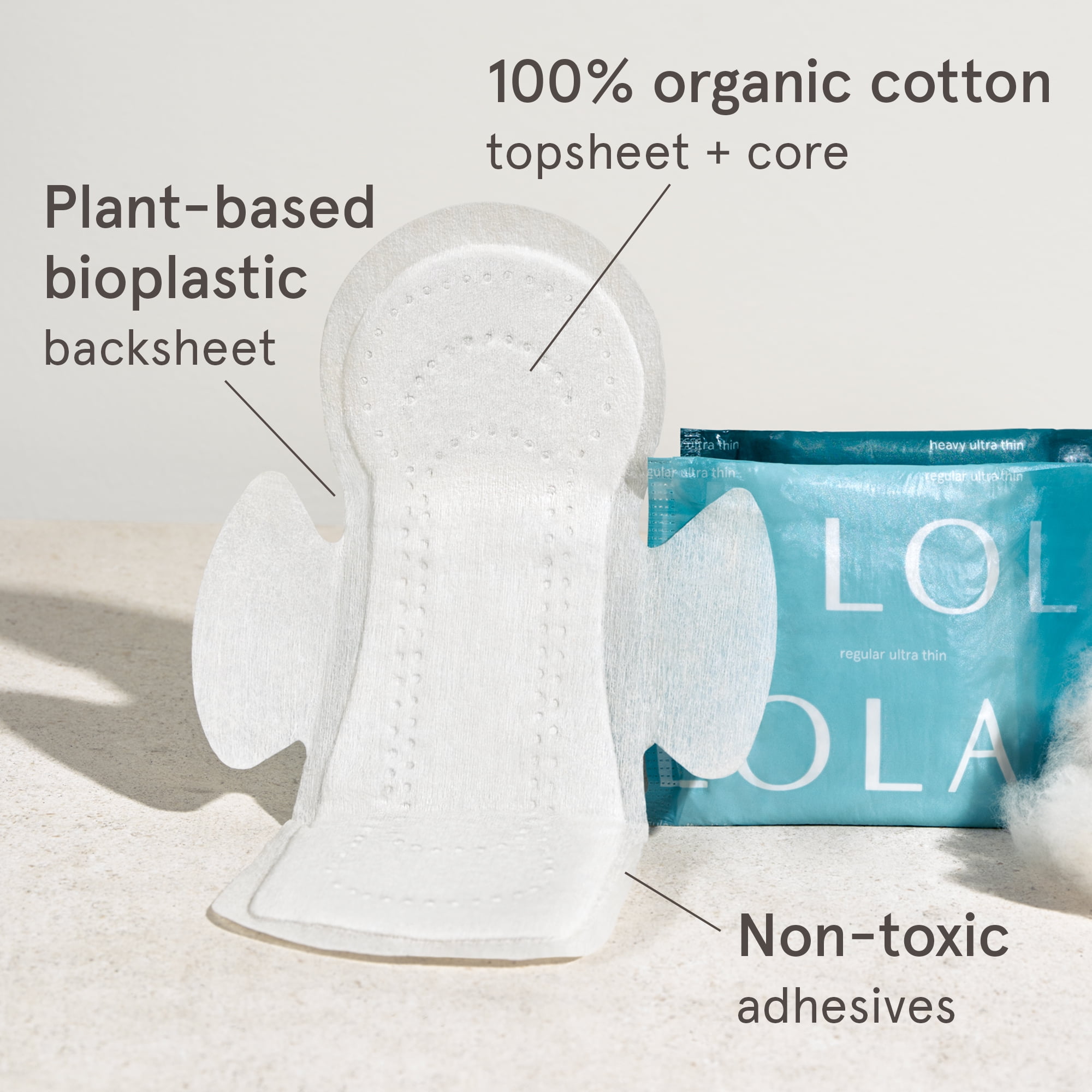 LOLA Ultra Thin Pads with Wings, Regular, Organic Cotton Topsheet and Core, 48 Count