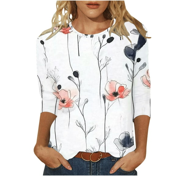 Mittory 3/4 Length Sleeve Womens Tops Casual Round Neck Cute Tops Fashion Loose Fit T-Shirts Ladies Tops and Blouses