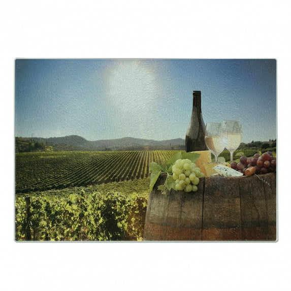 Wine Cutting Board, White Drink Cask on Famous Vineyard in Chianti Tuscany Agriculture, Decorative Tempered Glass Cutting and Serving Board, Small Size, Green Brown Pale Blue, by Ambesonne