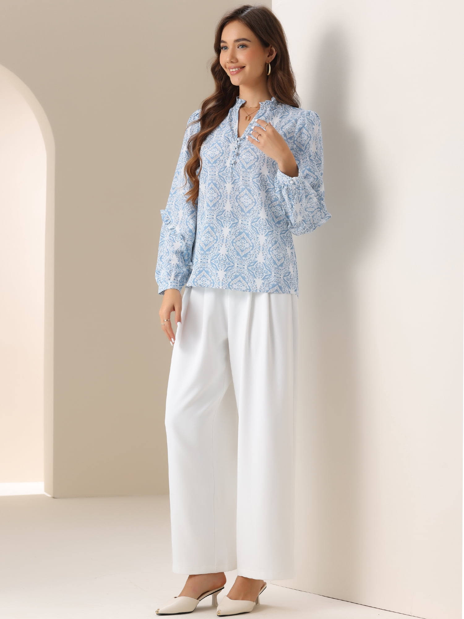 DARING DIVA Women's V Neck Printed Long Sleeve Dressy Blouse S Blue
