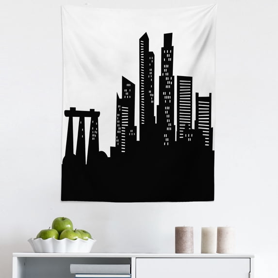 Singapore Tapestry, Silhouette of the Buildings in Monochrome Style Busy Urban Vibes, Fabric Wall Hanging Decor for Bedroom Living Room Dorm, 5 Sizes, Charcoal Grey and White, by Ambesonne