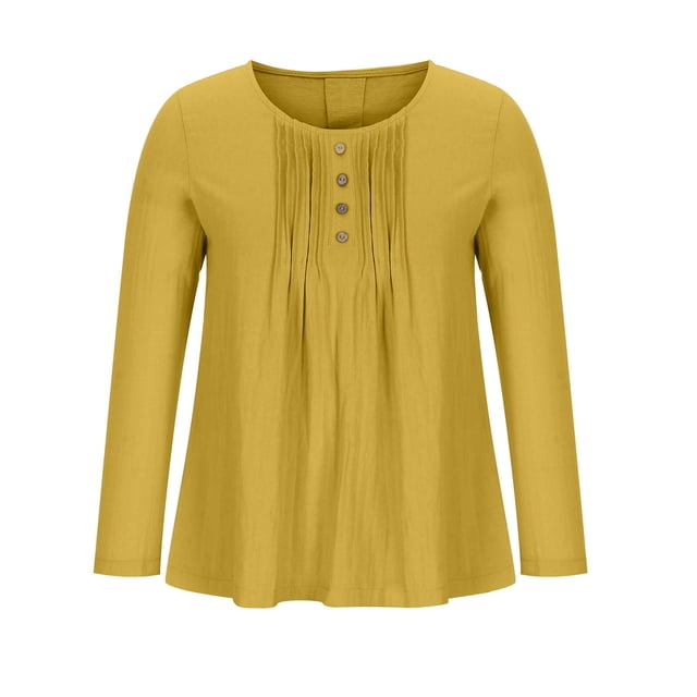 Timegard Hauts pour Femmes Grande Taille Coton Lin Col Rond Bouton Manches Longues Décontracté Ample