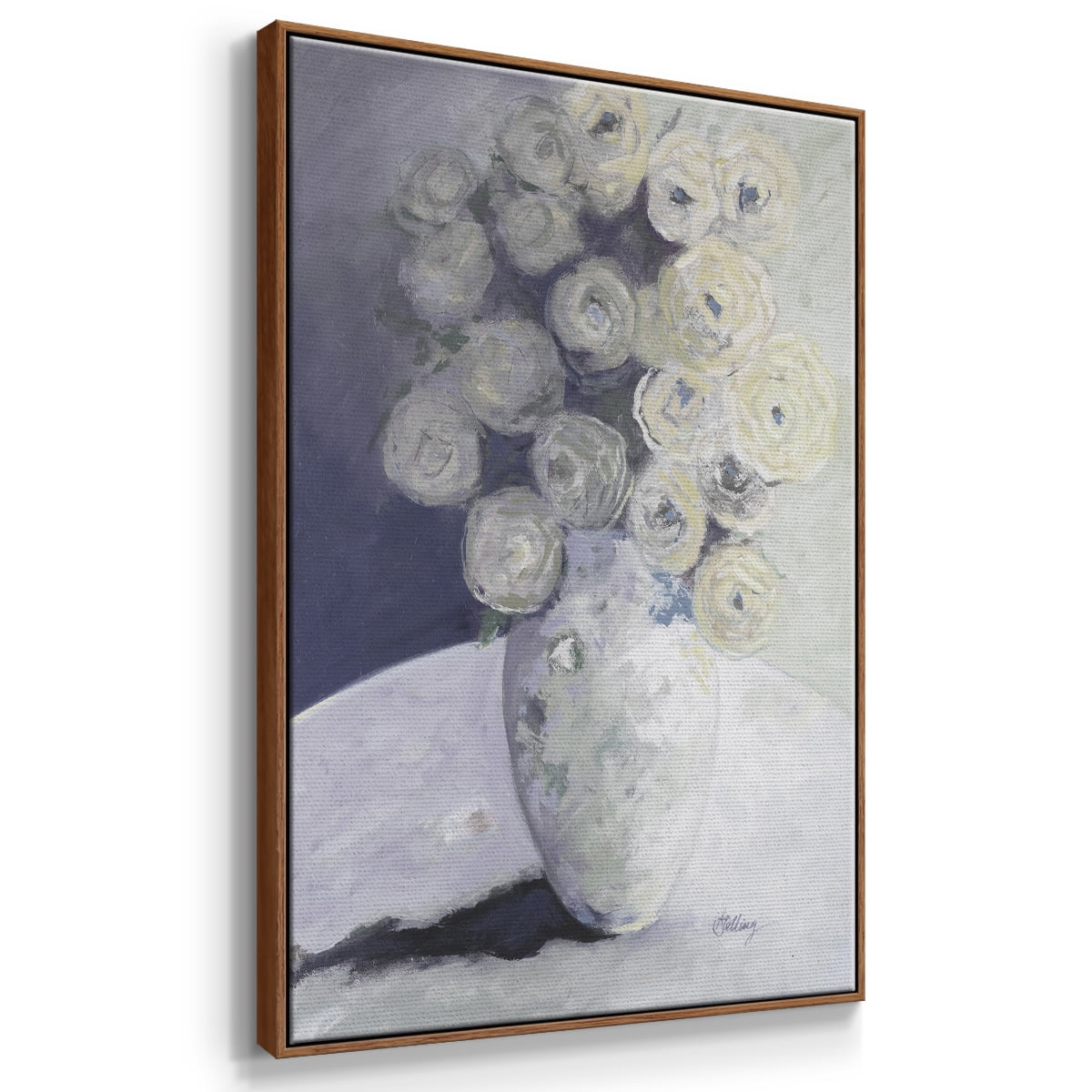Green Vase with Yellow Flowers Framed Premium Gallery Wrapped Canvas - Ready to Hang - 17 x 25 - Walnut Floating Frame