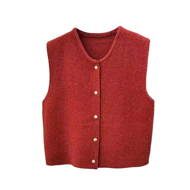 Chaleco tipo cárdigan de punto para mujer, cuello redondo, informal, suave, corto, sin mangas Rojo
