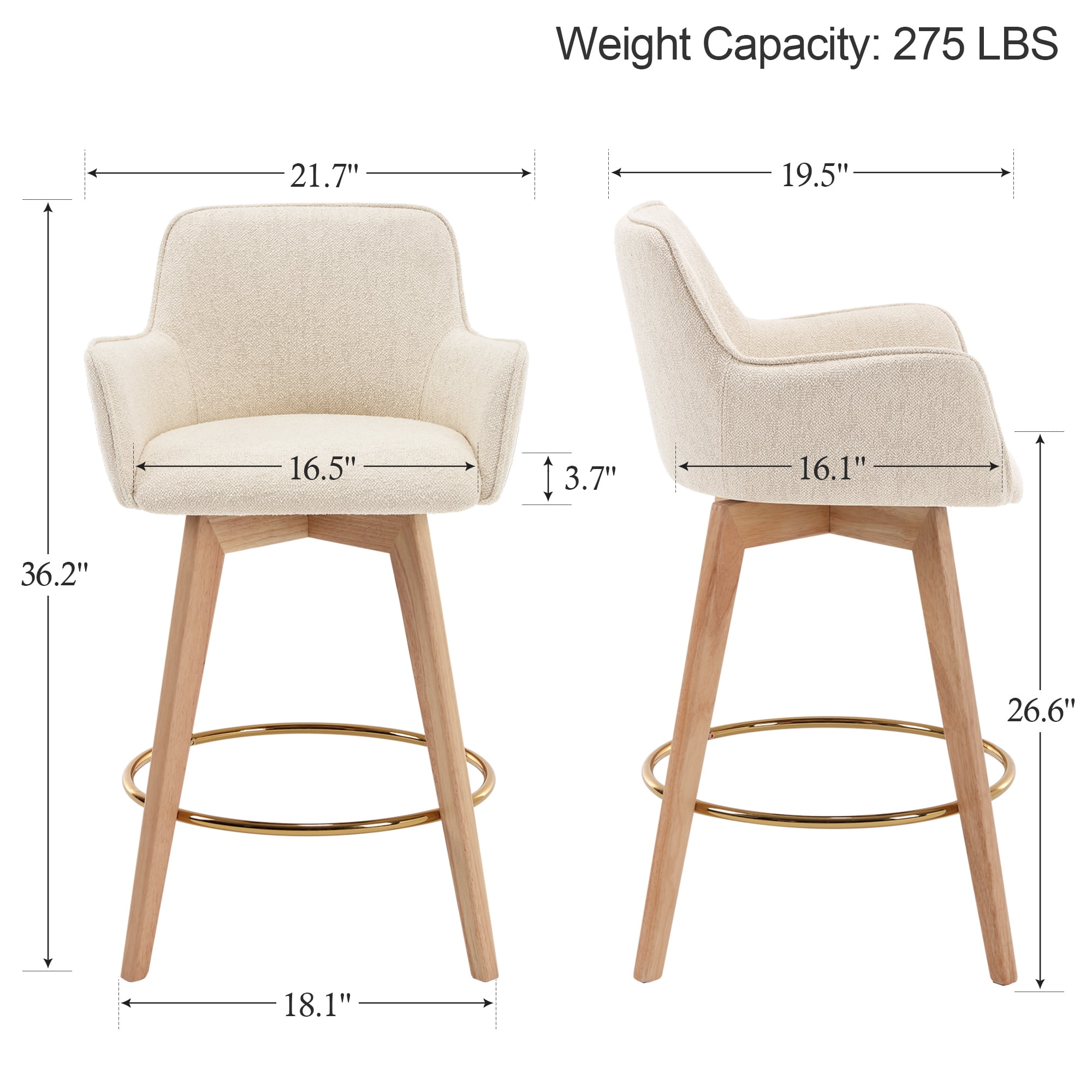 Zesthouse 26.6" Modern Bar Stools Counter Height, Swivel Single Bar Stool for Kitchen Island, Upholstered Linen Barstools with Barrel Back, Arms and Solid Wood Legs, Beige