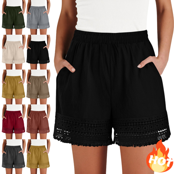 Mifsaly Womens Summer Casual Shorts Elastic Waist Lounge Shorts with Pockets Eyelet Embroidery Lace Trim Tassel Hem Vacation Boho Beach Shorts S