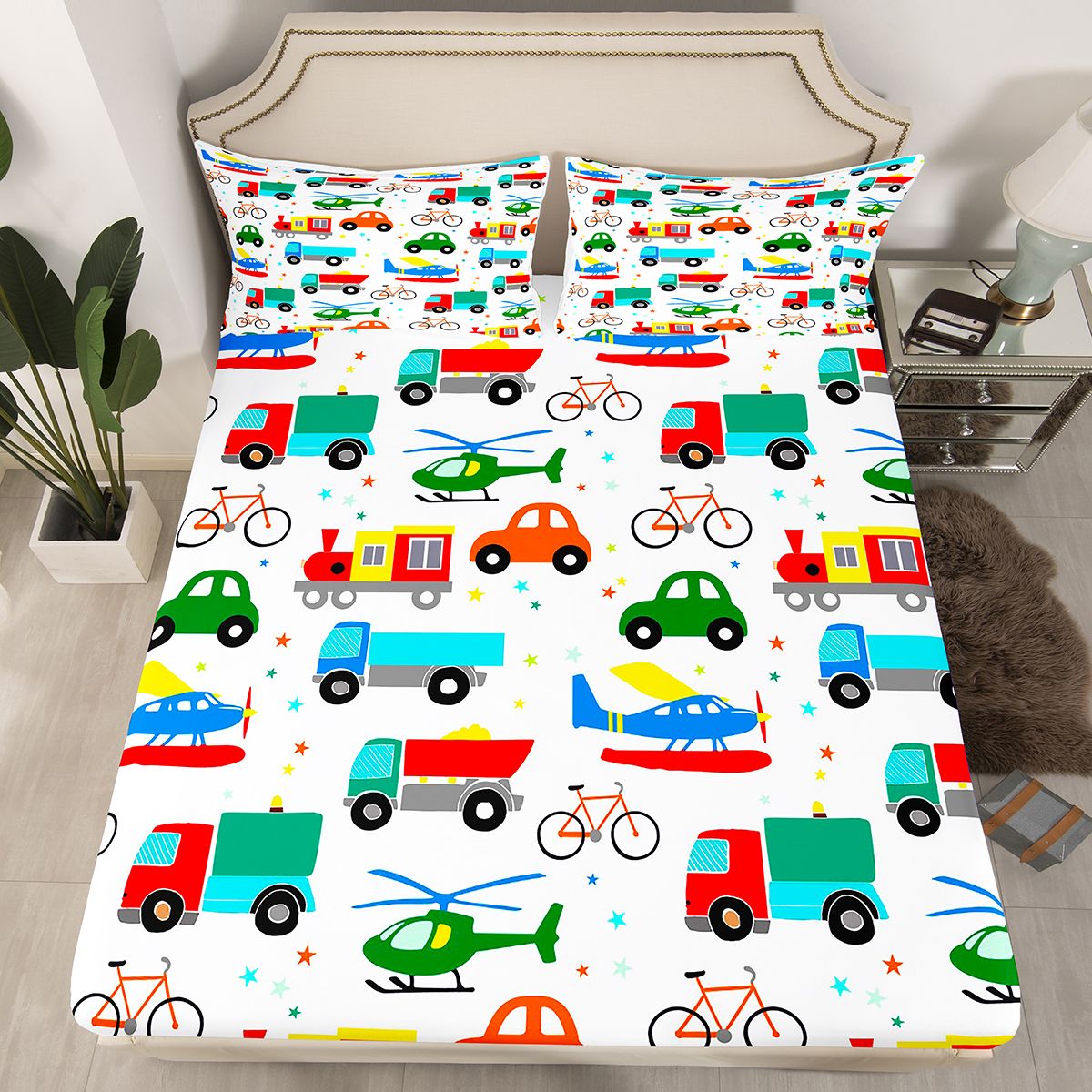 Manfei Colorful Cartoon Cars Full Size Sheets,Modern Aircraft Aitplane Bed Sheets,Cute Multicolor Stars Sheet Sets For Boys Girls,Super Cozy Room Decor,4-Piece