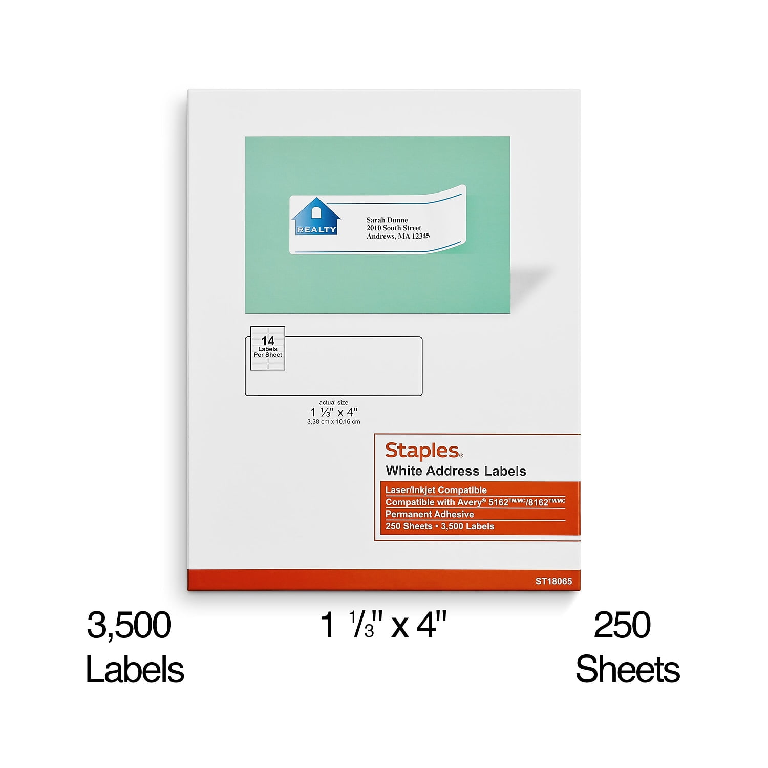 Staples Laser/Inkjet Address Labels 1 1/3" x 4" White 14 Labels/Sheet 489563