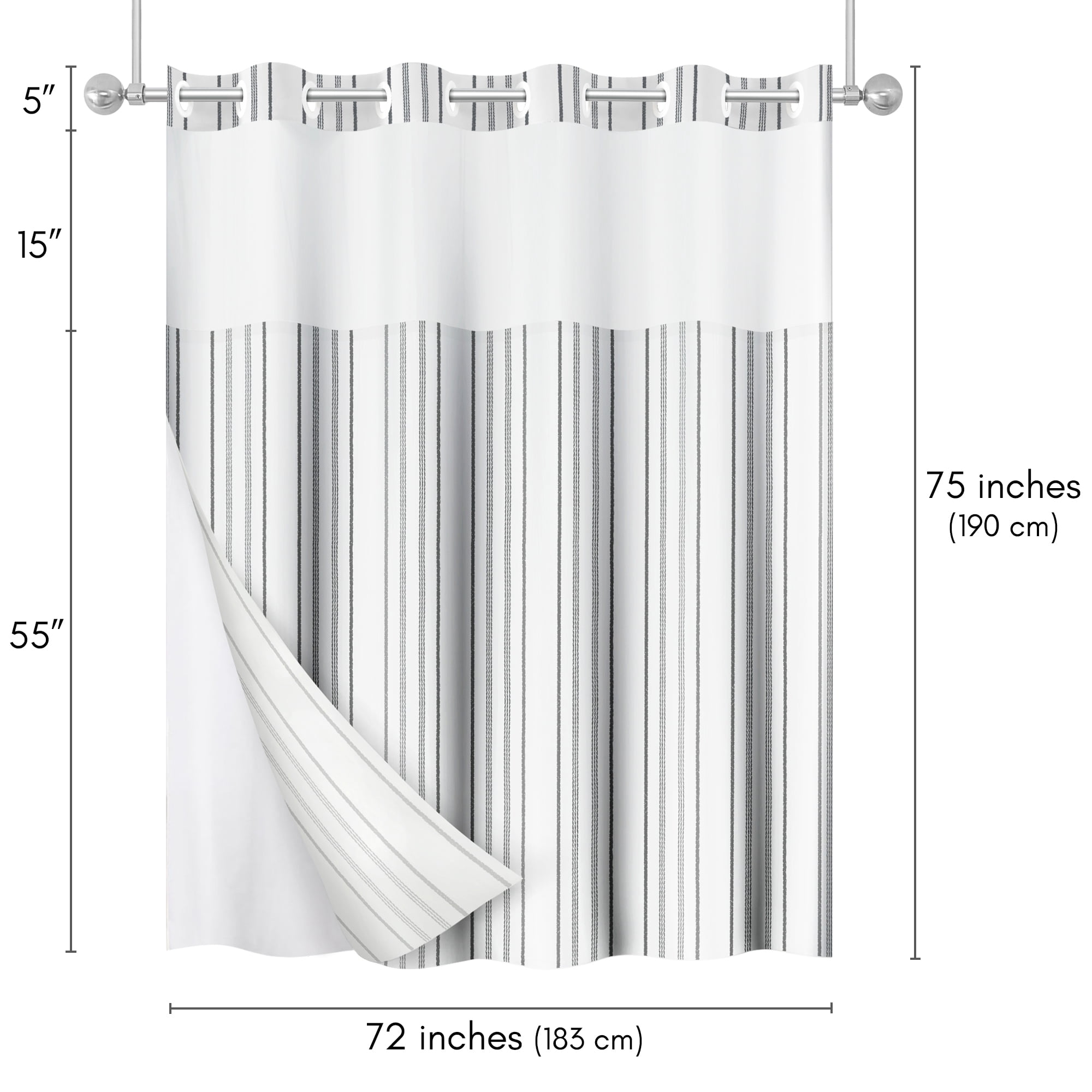 Americanflat 72x75 Hookless Shower Curtain - Abstract Grey Lines Shower Curtain with Sheer Panel, Snap-In Liner, and Grommets - 100% Polyester