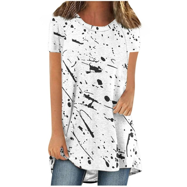 Birdeem Blouses for Women Womens Casual Printed Front Short Back Long Raglan Short Sleeved Round Neck Top