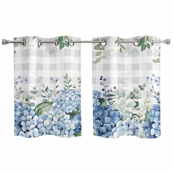 2 Panels Kitchen Tier Curtains 39 Inch Length, Blue Flower Grommets Window Treatment Curtain, Grey Plaid Hydrangeas Eucalyptus Leaves Thermal Curtains Drapes for Living Room/Bathroom
