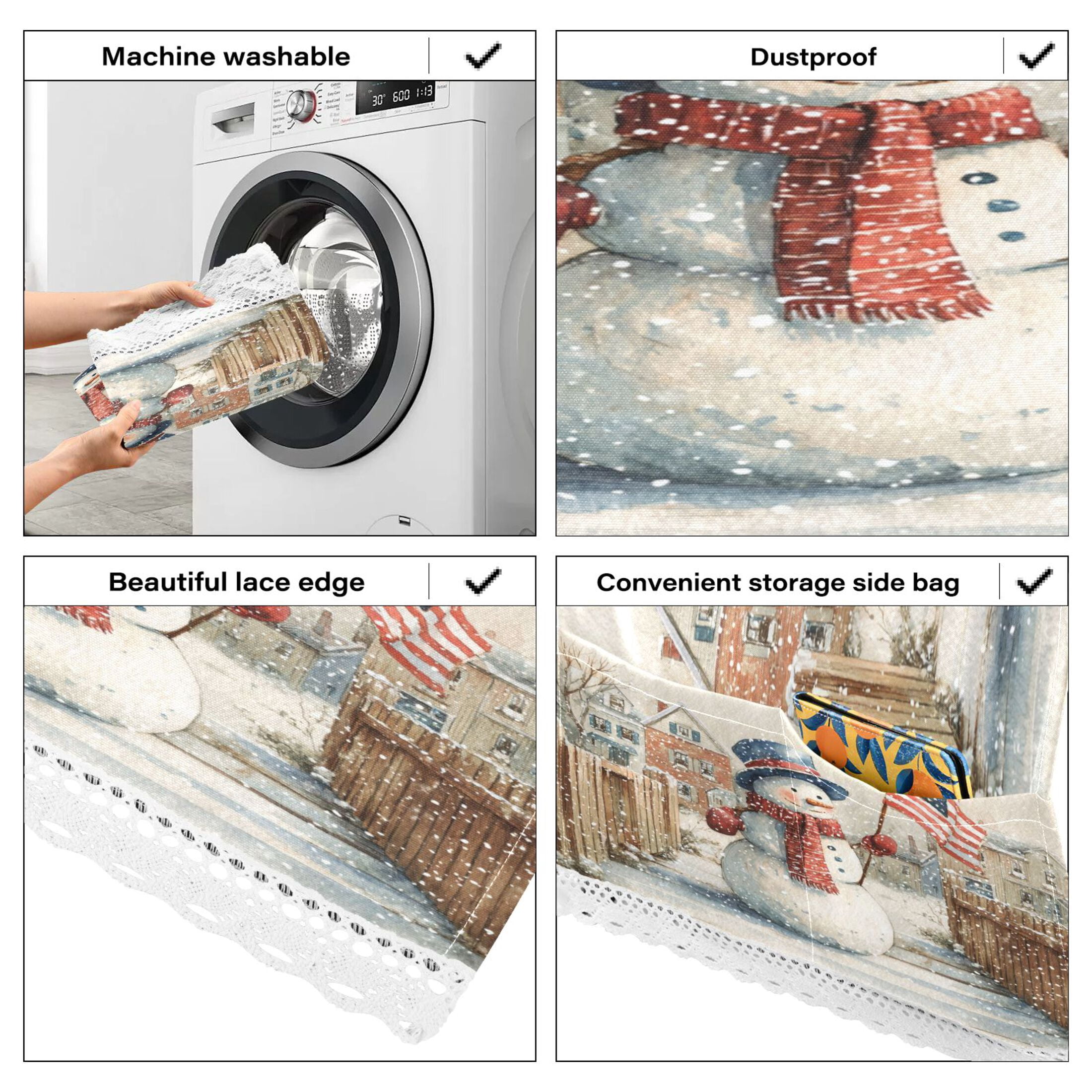 Washing Machine Cover 51.2x22in, Durable Polyester Dust Cover with Lace Trim and Side Pocket for Appliances American Flag Snowman