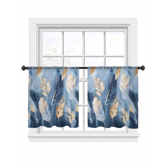 Gold White Feather Sheer Curtains 54 Inch Long 2 Panels, Modern Oil Painting Light Filtering Rod Pocket Semi Sheer Curtains, Sheer Voile Drapes for Living Room Bedroom, 52"x54"