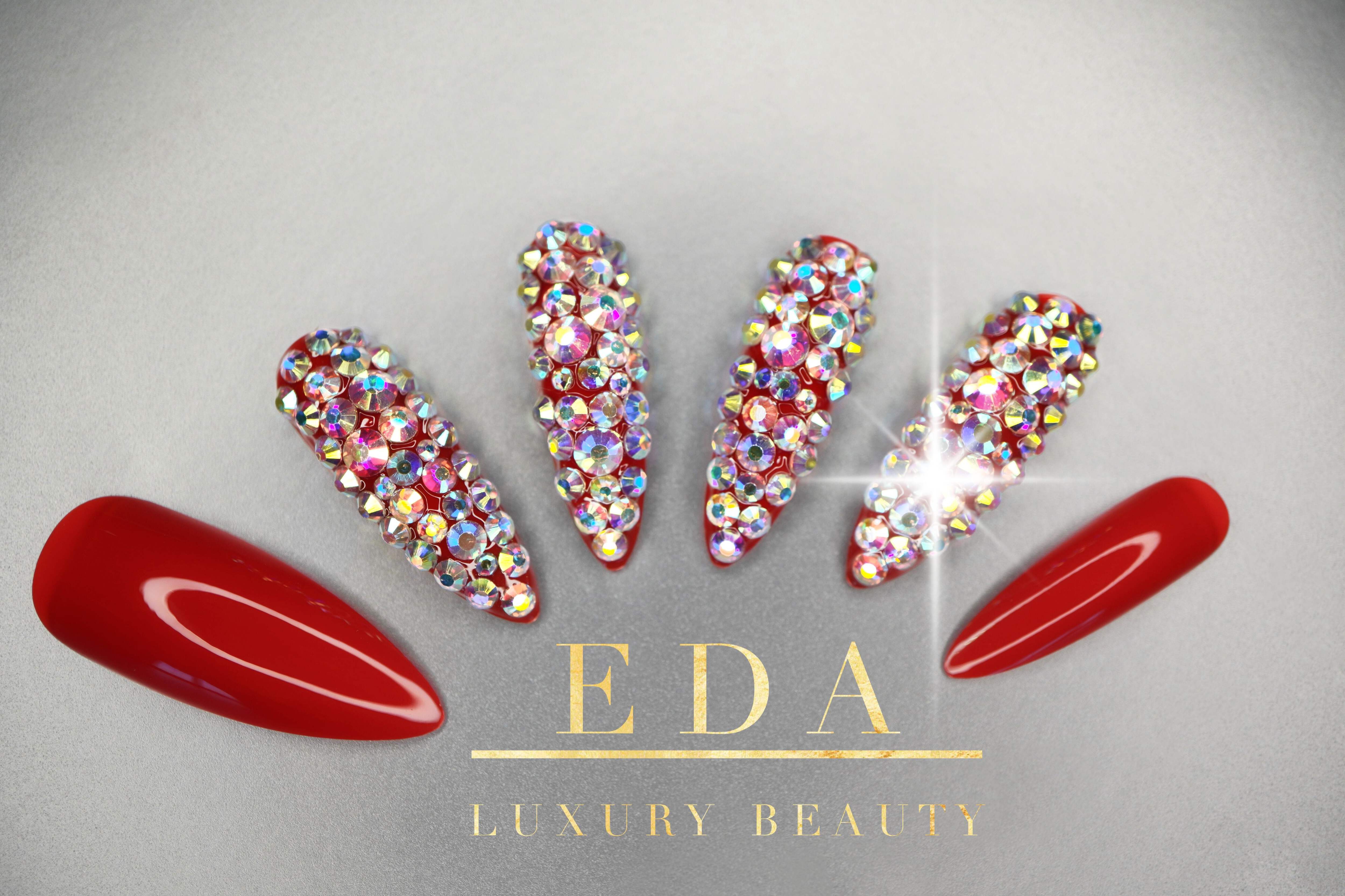 Red 3D Crystal Press On Nails, Extra Long Sharp Stiletto False Tips Rhinestones Fake Nails Set