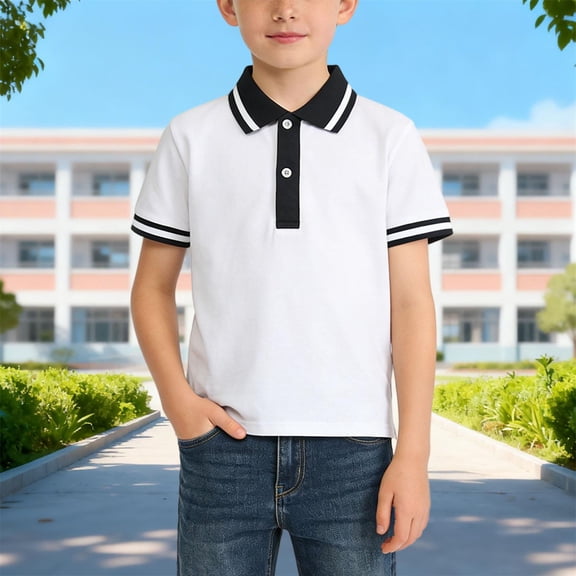 Maqroz Boys Short Sleeve Shirts Striped Collar Tops Kids Casual Tees Button Down Activewear School Uniform Daily Playwear Tennis Outfits Athletic Sport Top Size 2-15 Years