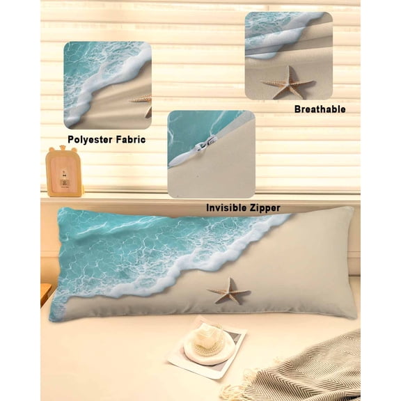 Beach Coastal Throw Pillow Covers, Summer Nautical Starfish Aqua Beige Soft Breathable Pillow Cases with Invisible Zipper for Sleeping, Long Body Pillowcases for Couch Bed Sofa Chair 20x60 Inches