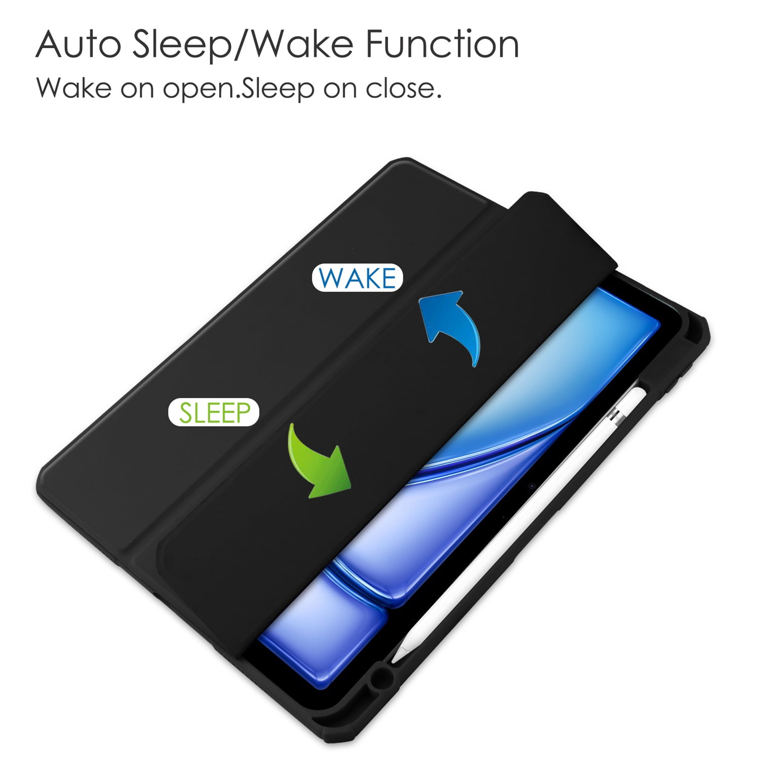 SaniMore Case for Apple iPad Air 11 (2024), Auto Sleep/Wake Shock Resistant [Built-in Pencil Holder] Flip Stand [Dual Angle] Transparent Slim Lightweight Anti-fall Tablet Shell, Black