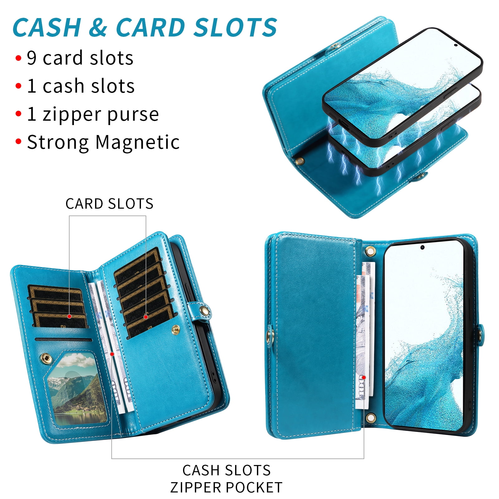Asuwish Phone Case for Samsung Galaxy S22 5G Zipper Wallet Detachable Cell Cover with Tempered Glass Screen Protector Crossbody Strap Flower Flip Card Holder S 22 22S 4G G5 6.1 inch Women Girls Blue