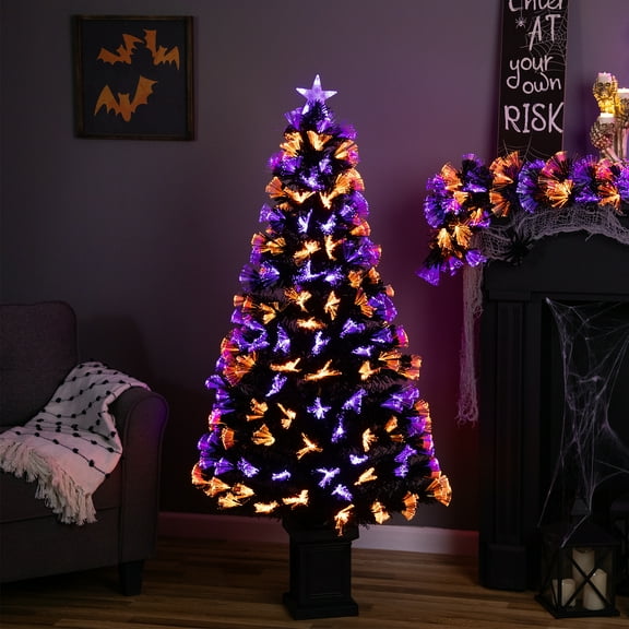 Northlight 8-Function Fiber Optic Artificial Pine Potted Halloween Tree - 5' - Black - Orange and