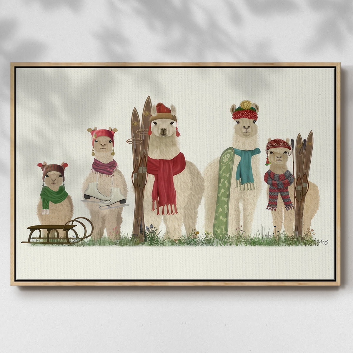 Llama Family Winter Sports - Framed Gallery Wrapped Holiday Canvas - 17 x 25 - Natural Wood Frame