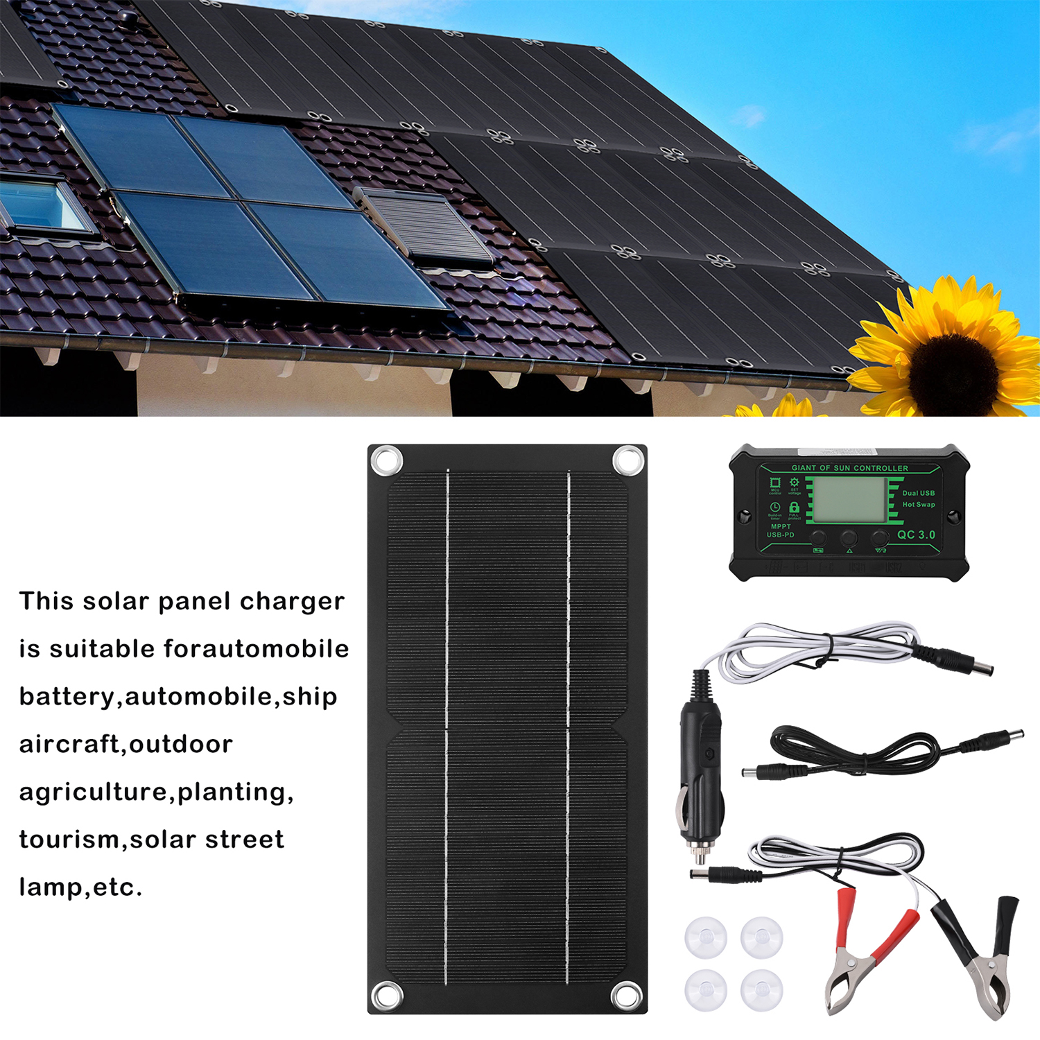 Natubeau 600WSolarPanelKit, Monocrystalline Silicon 100A Charge Controller Solar Panel Kit,Portable SolarPanelKit with Extension Cable Battery Clip for RV, Camping, OutdoorActivities