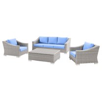 Lounge Sectional Sofa Chair Set, Rattan, Wicker, Light Grey Gray Light Blue, Modern Contemporary Urban Design, Outdoor Patio Balcony Cafe Bistro Garden Furniture Hotel Hospitality