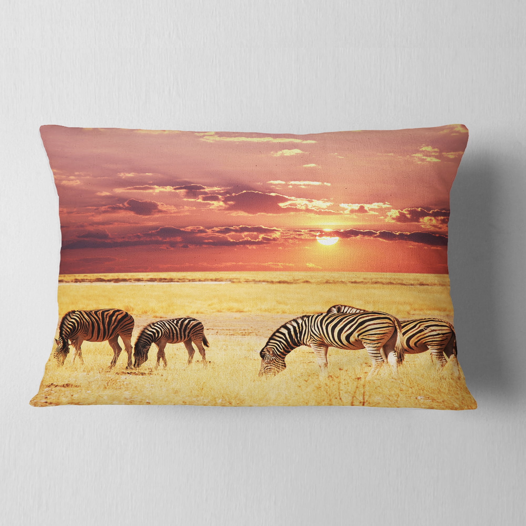 Designart Zebras Grazing Together at Sunset - Modern Landscape Printed Throw Pillow - 12x20