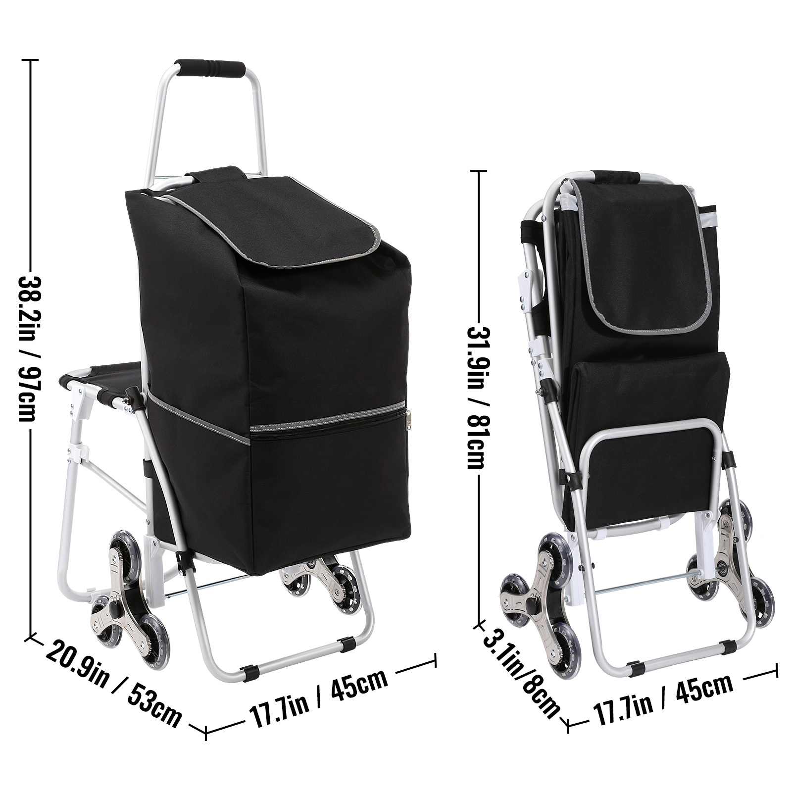 KFFKFF Stair Climber 50L Foldable Shopping Cart with Waterproof Bag and Seat