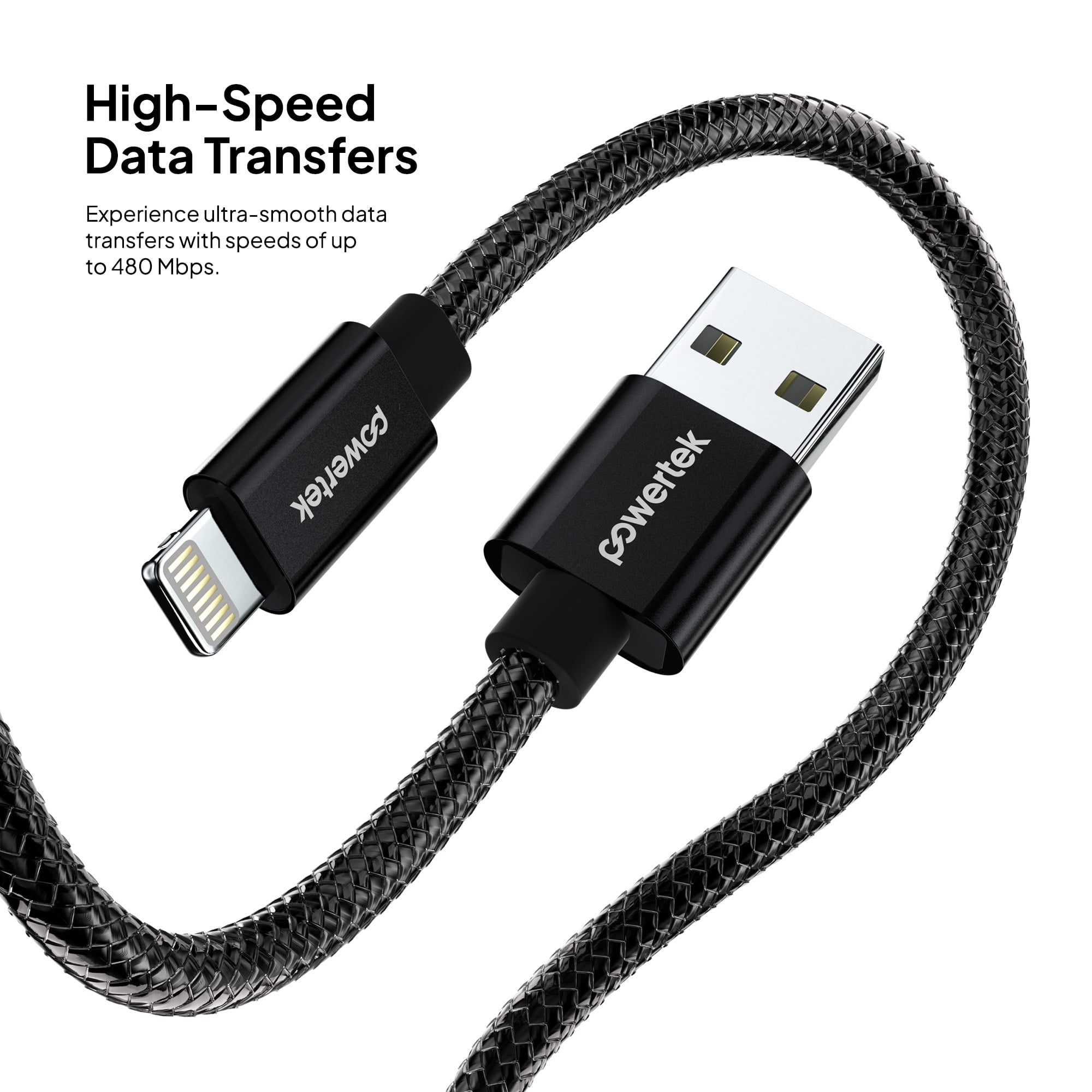 Powertek Luxe 6ft USB-A to Lightning Cable, Black, Fast Charge & Sync, Metallic Mesh PVC Jacket, Durable Tangle-Free Design