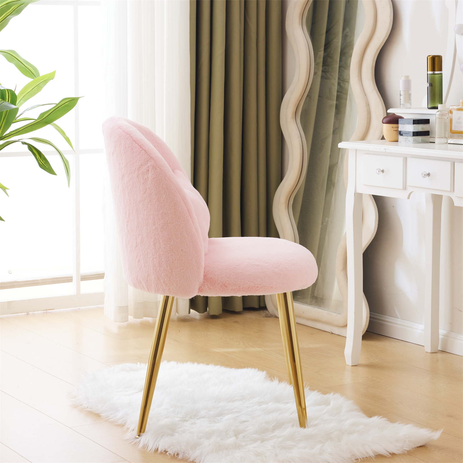 Ktaxon Vanity Makeup Chair Comfy Accent Chair Small Office Chair for Living Dining Room Bedroom Home Office Faux Rabbit Hair Pink