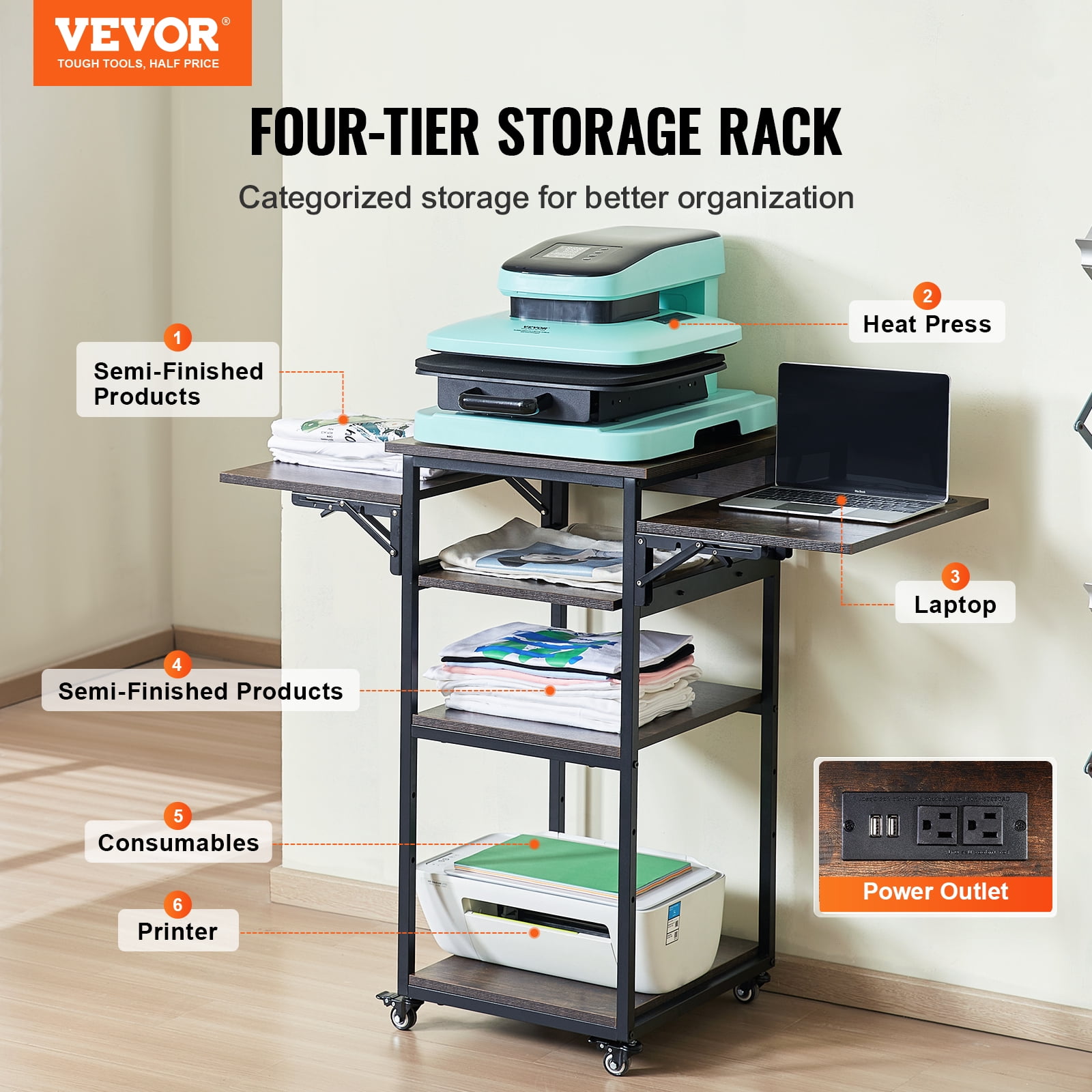 VEVOR Heat Press Table with Charging Station, 4 Tier Movable Heat Press Stand, Foldable Heat Transfer Machine Stand with Wheels, Rolling Metal Workbench for Sublimation Transfer Machine, Brown
