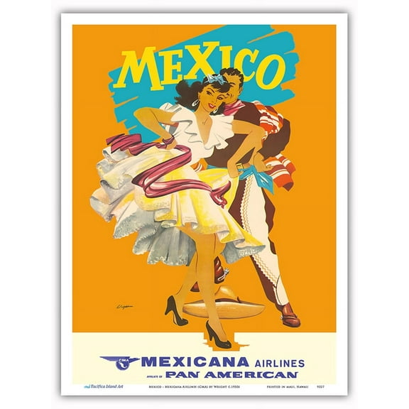 Mexico - Mexican Dancers - Mexicana Airlines (CMA) - Affiliate of Pan American - Vintage Airline Travel Poster by Wright c.1950s - Master Art Print (Unframed) 9in x 12in