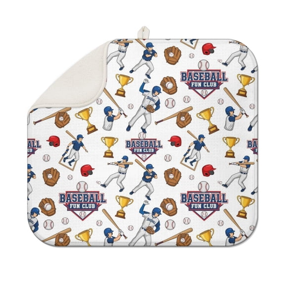 White Baseball Fun Club Pattern Dish Drying Mat for Kitchen 1 Pack, Ultra Absorbent Microfiber Dishes Drainer Mats,16"x18"