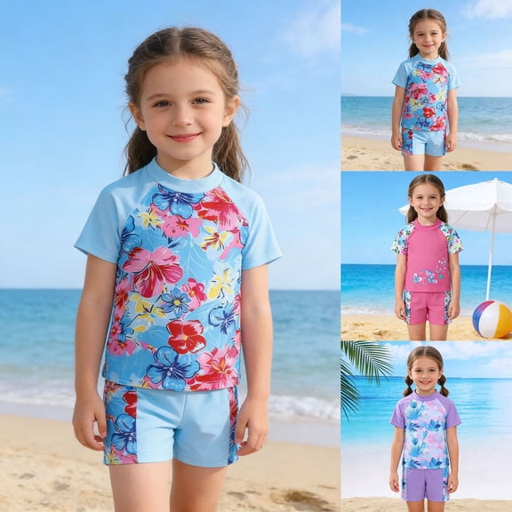Baby Swimsuit Girl Cartoon Floral Print Short Sleeve and Shorts 2 Piece Swimsuit for Kids Baby Girl Bathing Suit Blue 1-2 Years