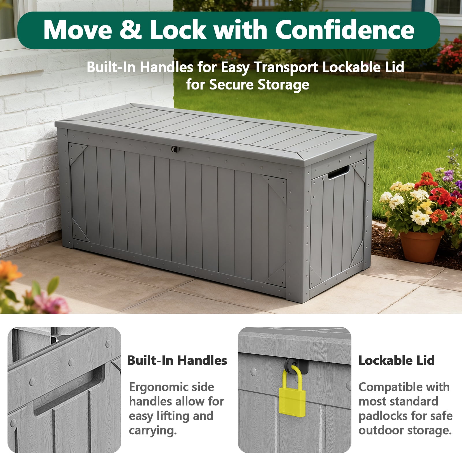 HaiCube 100 Gallon Lockable Resin Deck Box,Waterproof UV Resistant Outdoor Storage Bin with Lid for Patio,Garden & Pool Accessories,Gray