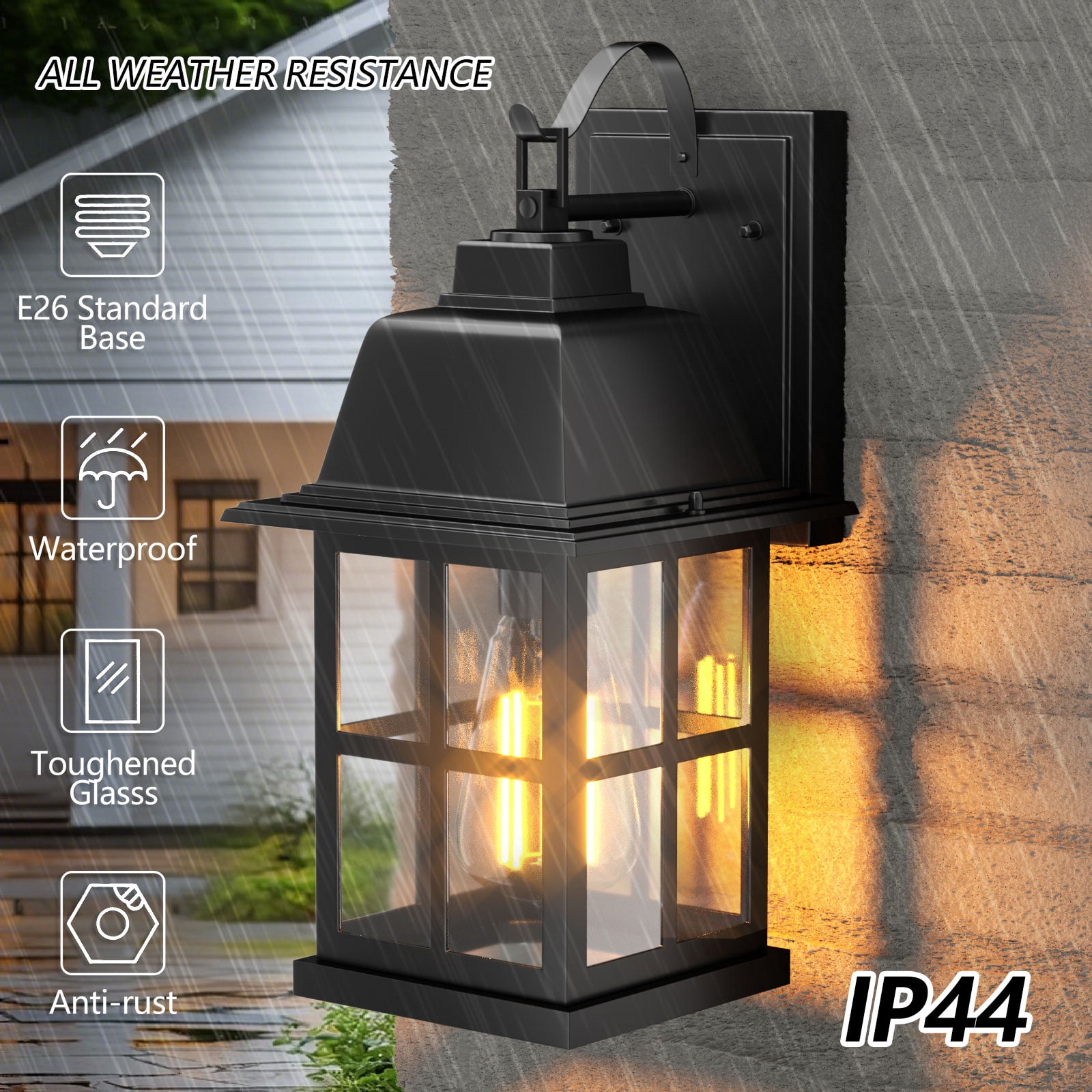 GEYANG Outdoor Light Fixtures Wall Mount, 100% Aluminium Waterproof Exterior Wall Lantern, Anti-Rust Outside Black Wall Sconce Porch Lights for House Garage, Doorway, Bulbs Not Included