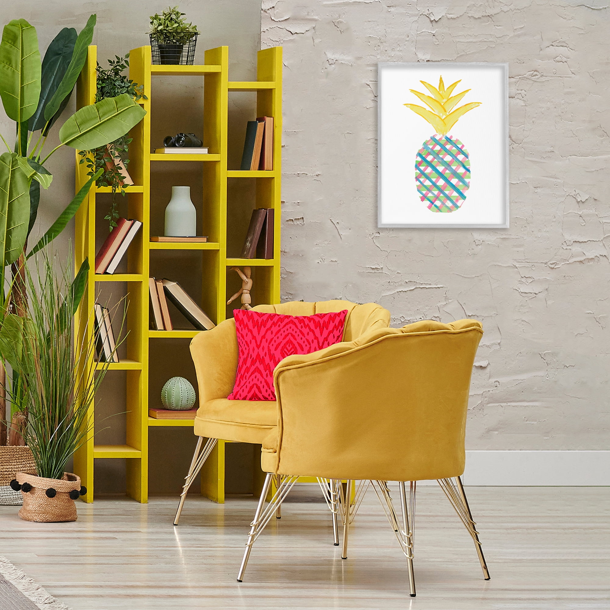 Stupell Industries Plaid Patterned Pineapple Food & Beverage Painting Gray Framed Art Print Wall Art, 16 x 20